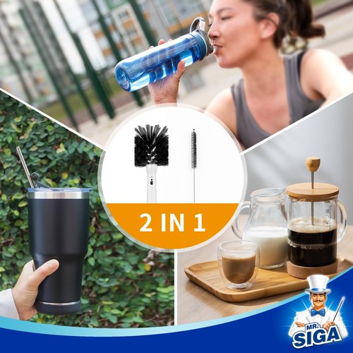 MR.SIGA Water Bottle Brush and Straw Cleaner Brush, Long Handle Bottle Cleaner Brush, 2 in 1 Bottle Cleaning Brush for Sports Bottles, Baby Bottles, Mugs, Straws, White