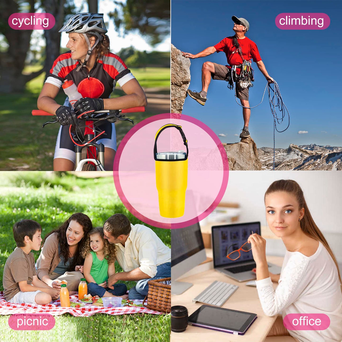 AICMEI 3 Pack 30oz Tumbler Carrier Holder with Shoulder Strap, Neoprene Insulator Cup Sleeve, Reusable, Adjustable, Interchangeable Straps - Pink, Black, Yellow