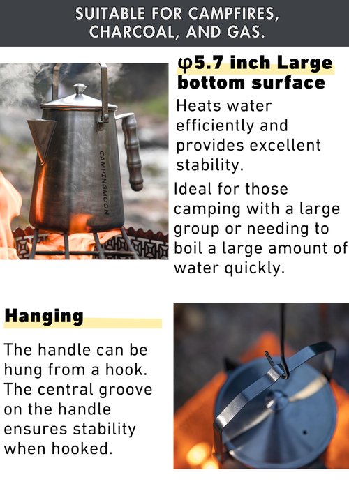 CAMPINGMOON 1.5L Campfire Kettle Stainless Steel Camping Coffee Pot Full capacity 1.86L SW-6