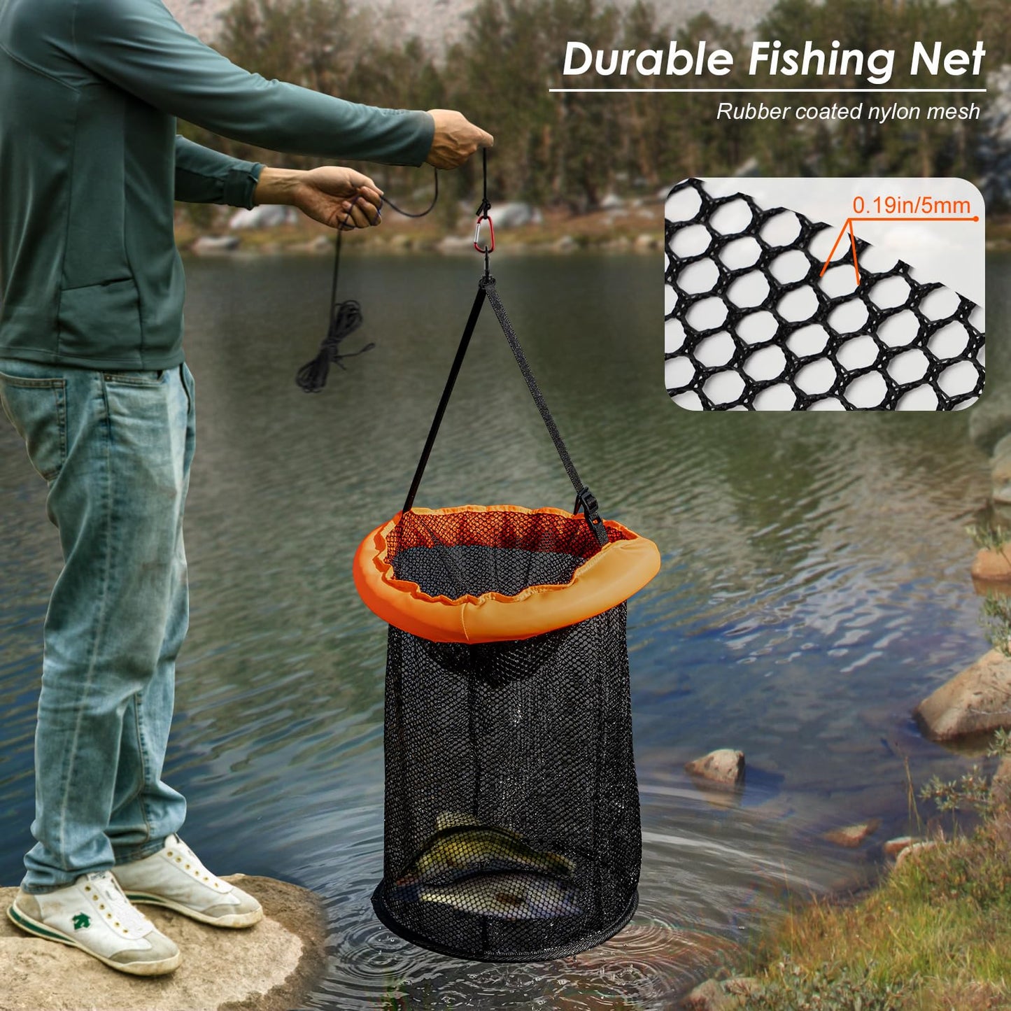 QualyQualy Floating Fish Basket for Live Caught, Foldable Fishing Holder Minnow Bucket Portable Collapsible Fishing Net Storage Cage for Live Fish Bait Live Well