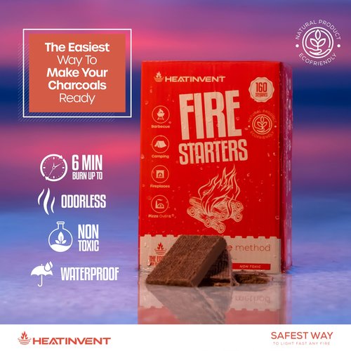 Heatinvent Fire Starter Squares 160 - Fire Starters for Campfires, Fireplace, Grill, BBQ, Wood Stove, Fire Pit, Chimney, Charcoal - All Weather Waterproof, Odorless Firestarters Indoor and Outdoor