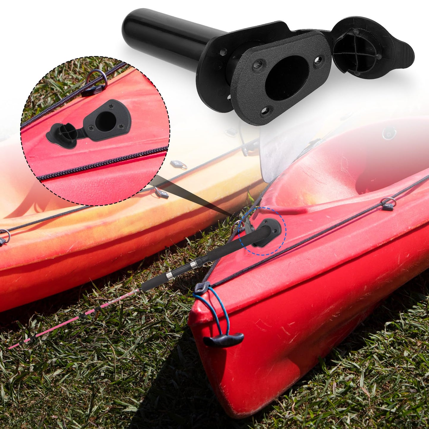 4 Pack of Kayak Deck Plastic Flush Mount Fishing Boat Rod Holders with Cap Cover,Gasket and Mounting Screws- Plastic Fishing Tackle Accessory Tool for Kayak Boat Canoe Pole