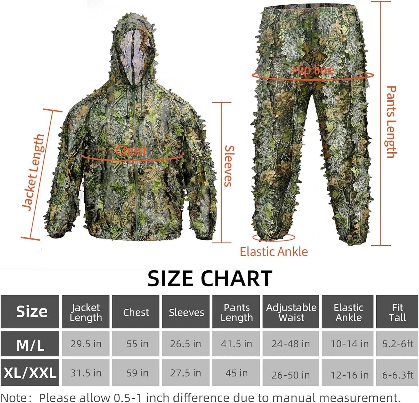 HYOUT Hooded Ghillie Suit Camo Suit Woodland Forest Military 3D Green Leafy Clothing Costume for Jungle Halloween Party