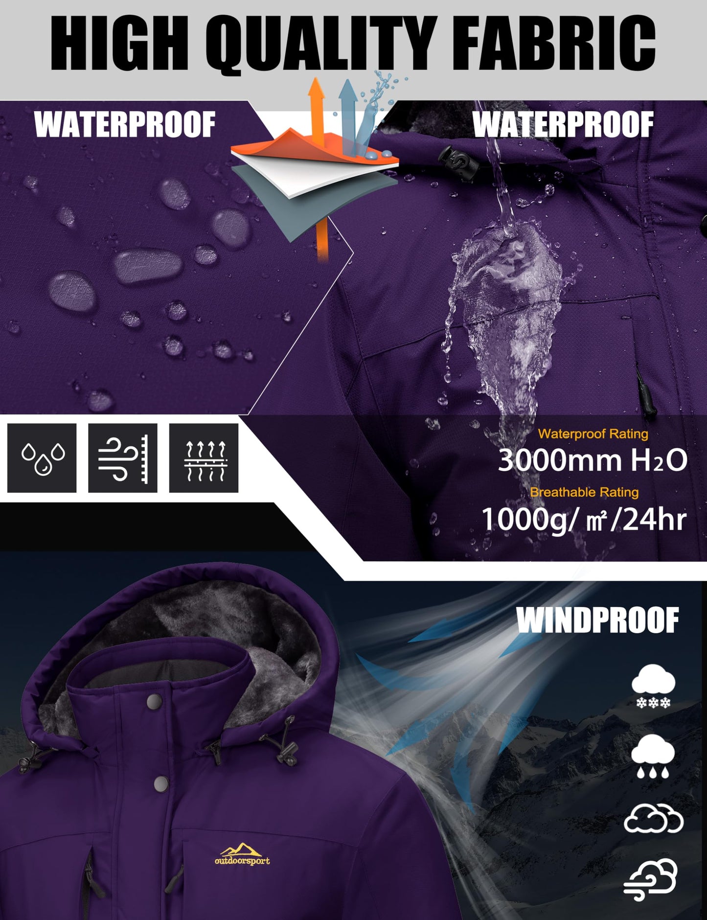MAGCOMSEN Ski Coats for Women Winter Waterproof Warm Insulated Thermal Snowboarding Jacket Windproof Purple Raincoat XL