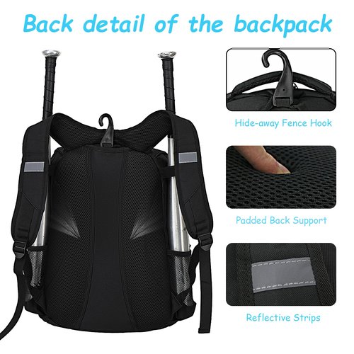 Youth Baseball Bag - Bat Backpack for Baseball, T-Ball & Softball Equipment & Gear, Bat & Glove Holder Gift, Large Main Compartment for Helmet & accessories, Separate Shoes Compartment, Fence Hook