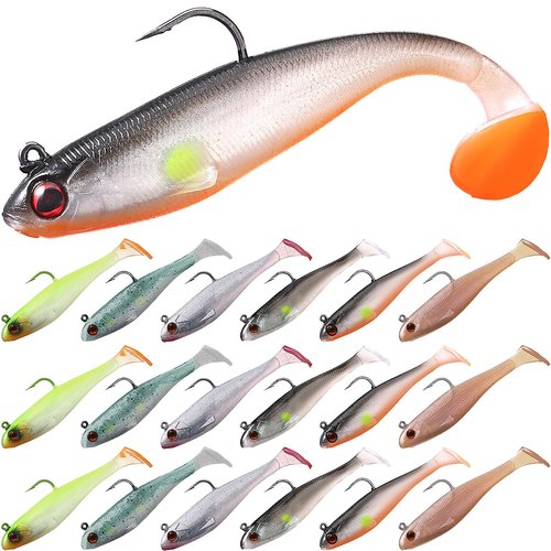 Mimorou 18 Packs Soft Fishing Lures for Bass Fishing Pre-Rigged Jig Head Paddle Tail Swimbaits Bass Lures for Crappie Trout Walleye Saltwaterr Freshwater