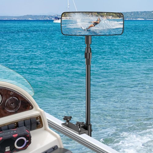 Tewgug Boat Mirror, Upgraded Pontoon Boat Rear View Mirror with Telescopic Pole & Heavy Duty Bracket,Wide Angle Adjustable Marine Rear View Mirror for Pontoon Boat Ski Boats Water Skiing