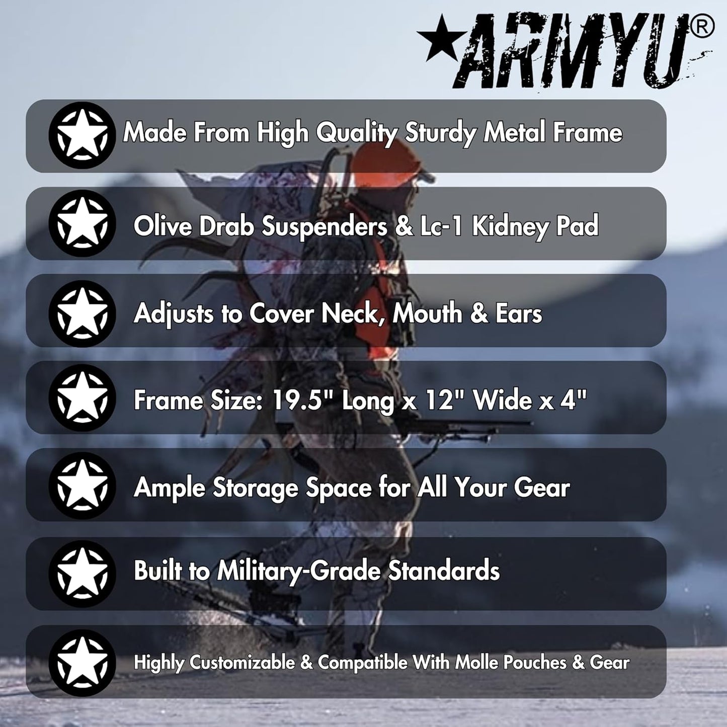 Army Universe Black Military Alice Pack Frame - Enhanced Army Hiking Gear with Adjustable Olive Drab Suspender Straps & Quick Release LC-1 Kidney Pad - Proton Pack