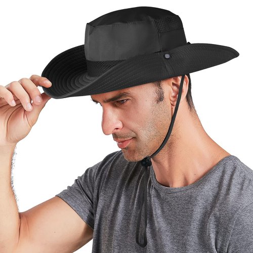 Koreshion Men Sun Hat UV UPF Wide Brim Summer Hat Waterproof Breathable Fishing Hat Adjustable Foldable Boonie Cap Outdoor Beach Hiking Safari Golf Black