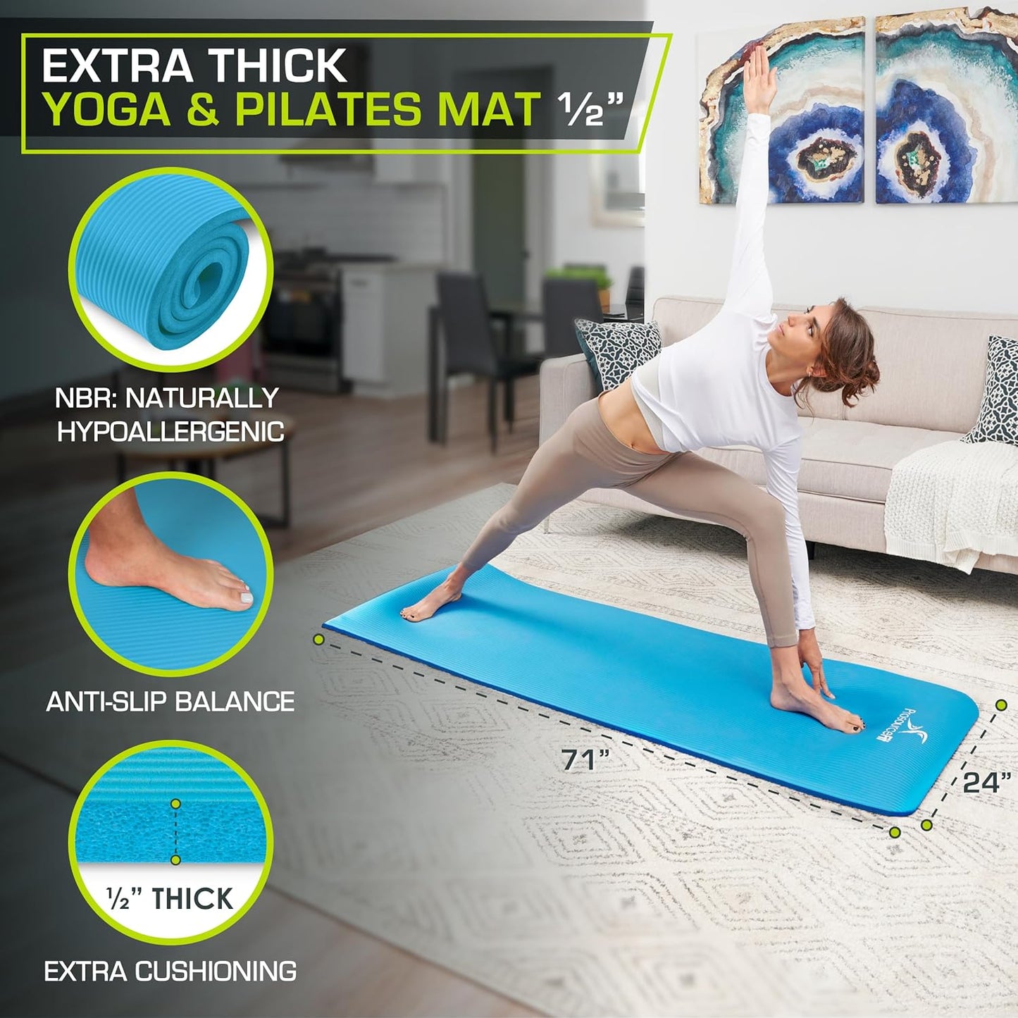 Extra Thick ½” Yoga & Pilates Mat - 71” High Density Foam with Carrying Strap