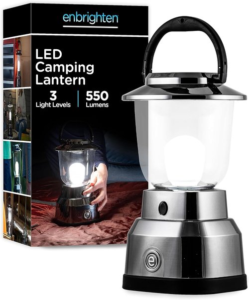 Enbrighten LED Camping Lantern - 550 Lumens, 280-Hour Runtime, Battery Powered, Brushed Nickel - Perfect for Hiking & Emergencies