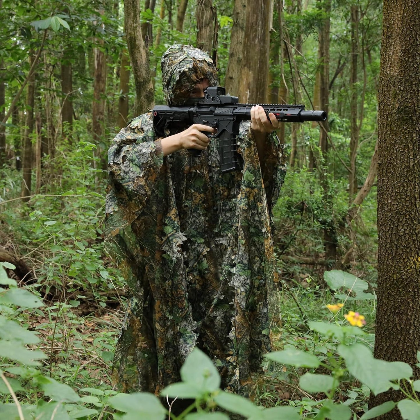Zicac Outdoor Ghillie Suit 3d Leafy Camo Poncho for Men Hunting Bird Watch Military CS Woodland Hoodie Camouflage Cloak