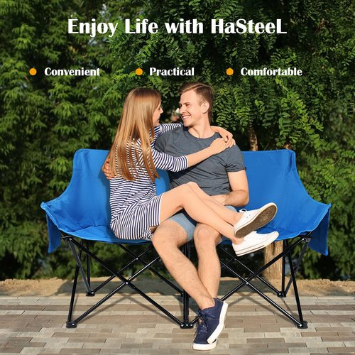 HaSteeL Folding Camping Chair, Portable Double Outdoor Loveseat for 2 Adults Person, Durable Foldable Collapsible Chairs for Camp Patio Picnic Beach Travel, Support 600Lbs, for Women & Men, Blue