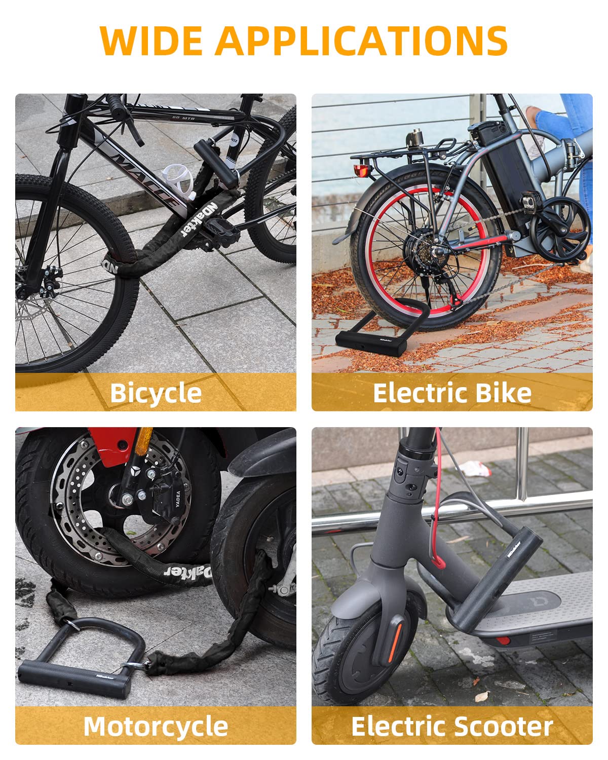 NDakter Bike Locks Heavy Duty Anti Theft 18mm Thick, Motorcycle U Lock with 4FT x 6mm Moped Chain, 3Keys Large U-Shape Electric Bicycle Wheel Lock for Ebike, Escooter, Fat-Tire Dirt-Bike, Tricycle