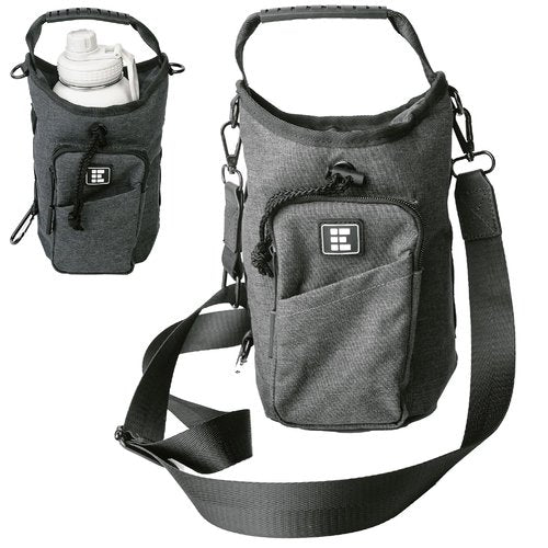 Zero Grid Insulated Water Bottle Carrier with RFID-Blocking Pocket for Personal Data, Electronics, and Phone - Fits 32 oz/1 L Bottles - Crossbody Bag with Adjustable Sling for Hiking and Travel - Grey