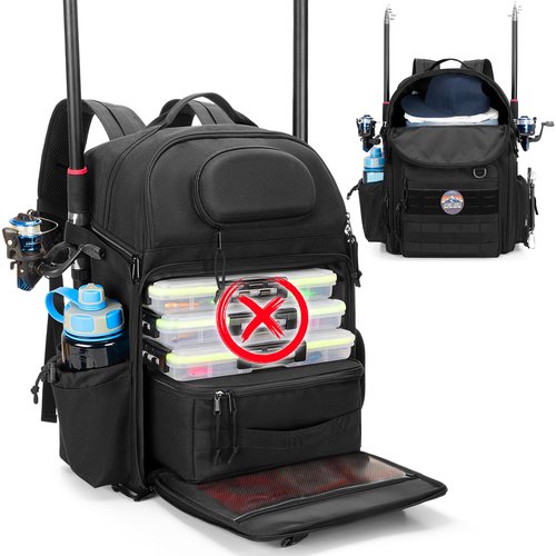 Rexmica Fishing Tackle Backpack with Cooler, Fishing Rod Bag Holds 2 Rods & Reels, Fishing Bag with Compartment for Tackle Boxes, Clothes or Other Gear, Fishing Pole Backpack, Black