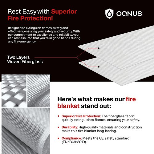 Oqnus Emergency Fire Blanket - Fiberglass Safety Fire Retardant Blanket with Hook & Gloves | Fire Suppression Blanket for Home, Kitchen, Garage & Camping, 40” x 40” - White, Pack of 1