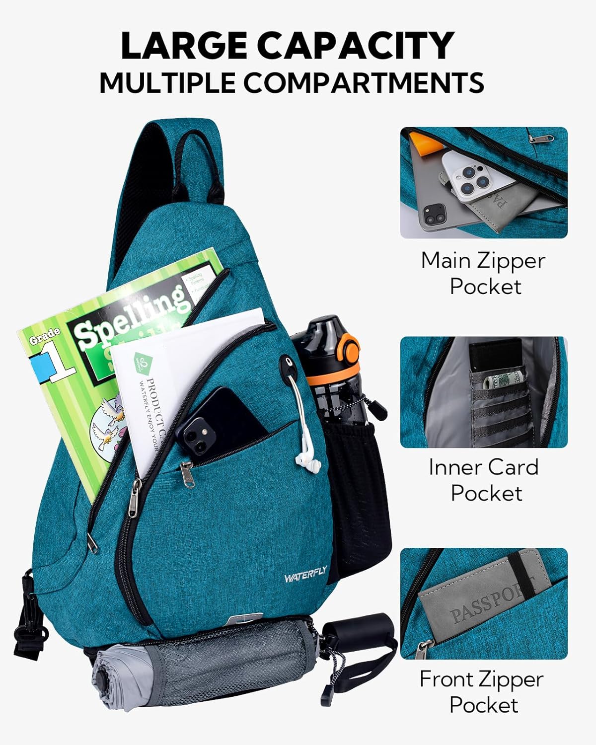 WATERFLY Large Crossbody Sling Bag: Over Shoulder Backpack Daypack Casual Cross Chest Side Pack