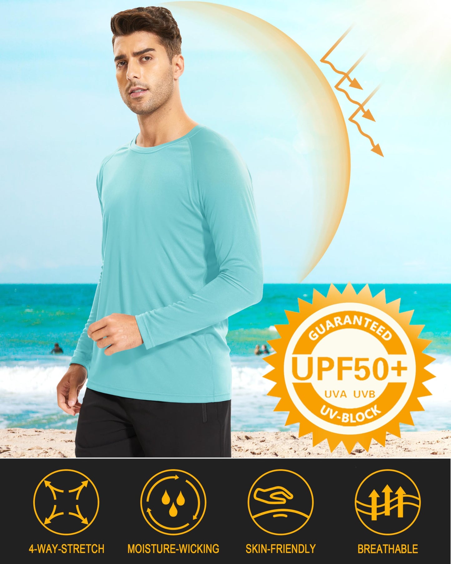MAGCOMSEN Men's Aqua Blue Long Sleeve UPF 50+ Sun Protection Quick Dry Athletic Shirt