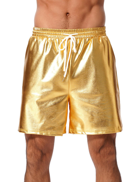 ABAFIP Men's Shiny Metallic Shorts Drawstring Sparkly Dance Hot Pants Disco Rave Party Outfit with Pockets Gold X-Large