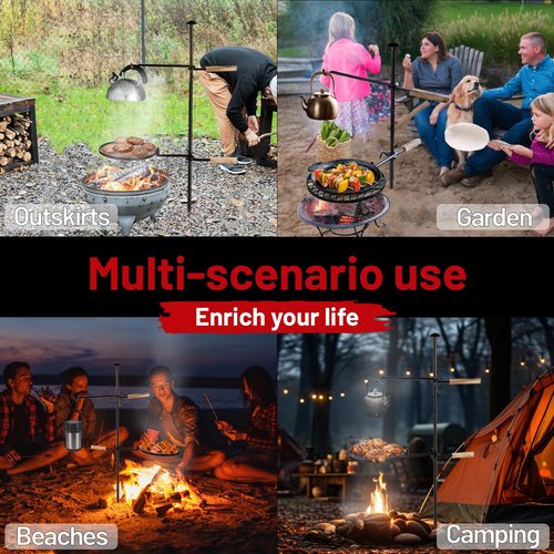 AVOFOREST Swivel Campfire Grill Grate Heavy Duty Camping Grill 360° Adjustable Over Fire Pit Grill for Outdoor Barbecue Camping Garden Dinner - 48" Rustproof Long Stakes