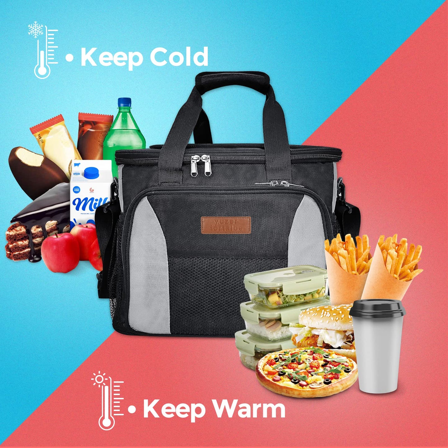 Yuzerfortalbe 25L Cooler Bag, Black, Nylon, Insulated, Collapsible, Lightweight, for Travel, Picnic, Camping, Grocery, Shopping