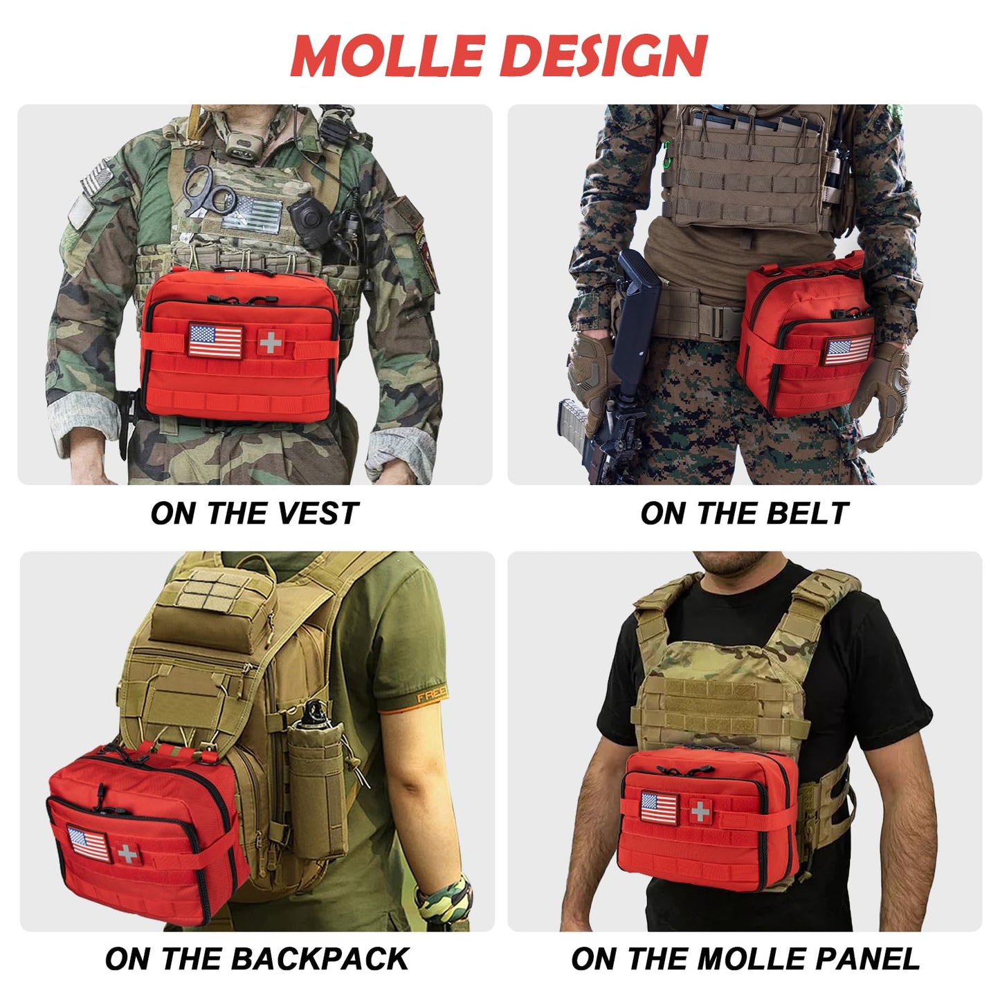 Jueachy First Aid Pouch - Molle Tactical Medical IFAK EMT Pouch - Large Capacity - Includes Flag & Cross Patch - Red