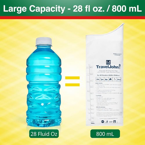 Disposable Urinal for All Genders, Adults, and Children (6 Pack) Designed for Emergencies, Travel, Camping, Long Car Rides, and More - 28oz/800ml Capacity (TJ1A-C)