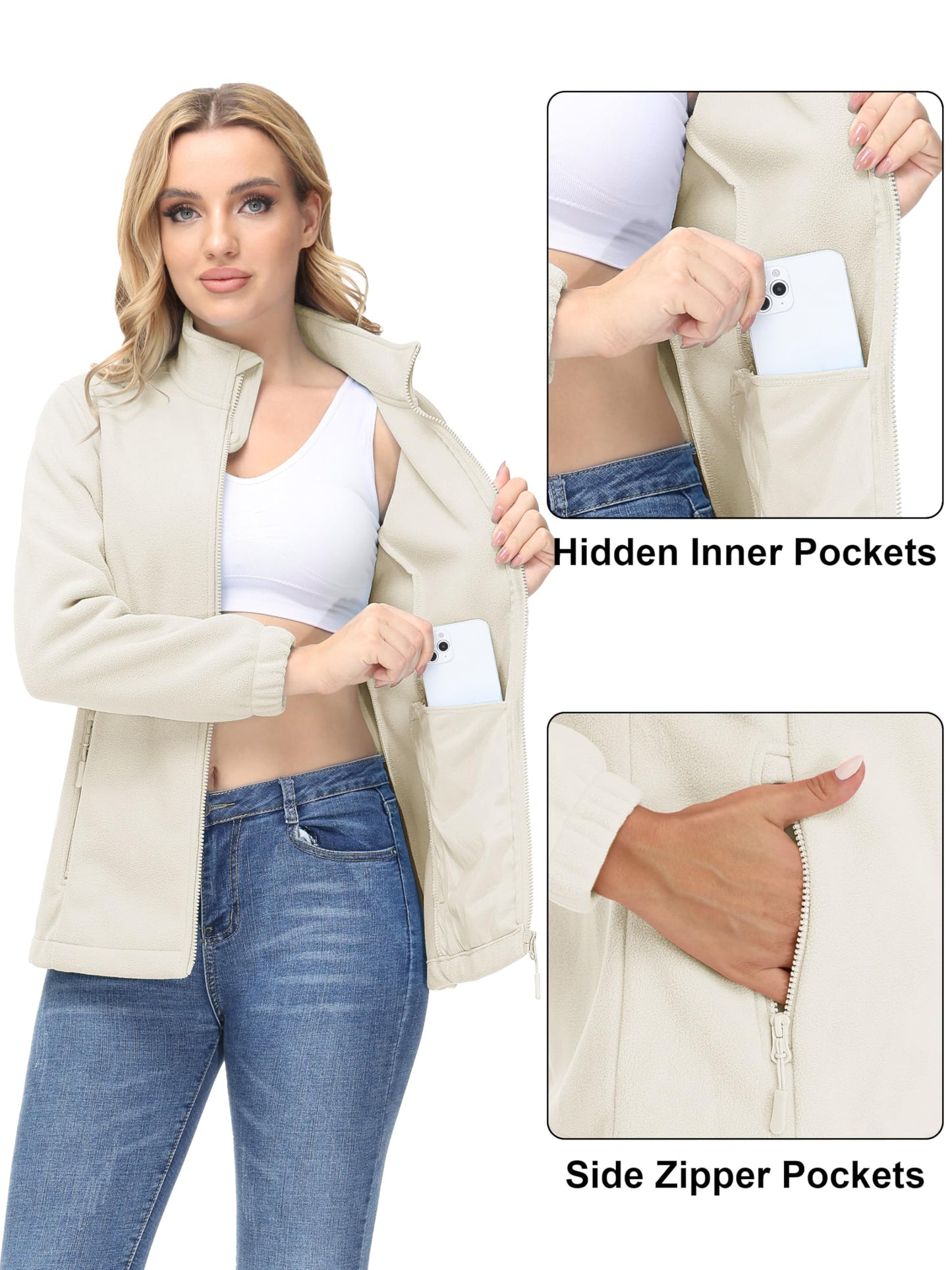 MAGCOMSEN Beige Jacket for Women Winter Polar Fleece Jacket Womens Full Zip Ladies Jackets Lightweight Outwear