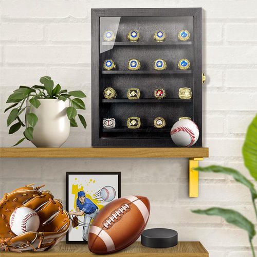 CollectHall Championship Ring Display Case, 16 Ring Posts, 10x12 Shadow Box, Baseball Ring Holder, Wall Mount, Black