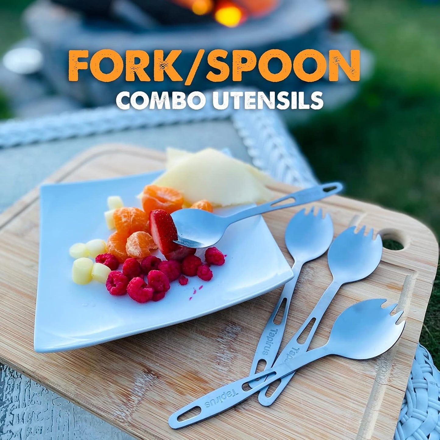 Tapirus Stainless Steel Classic Sporks Set of 4 - Save Space When Camping, Hiking or Backpacking - Heavy Duty Fire Proof Metal Tool - Long Handle, Reusable and Extra Light for Travel - with Case