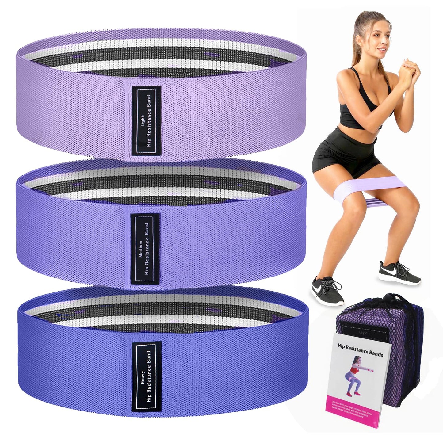 Fabric Resistance Bands for Legs, Thigh, Butt and Hip, Workout Bands, Hip Band, Booty Band, Exercise Band, Fabric Elastic Band for Physical Therapy, Yoga, Pilates and Fitness with Carry Bag, Pack of 3