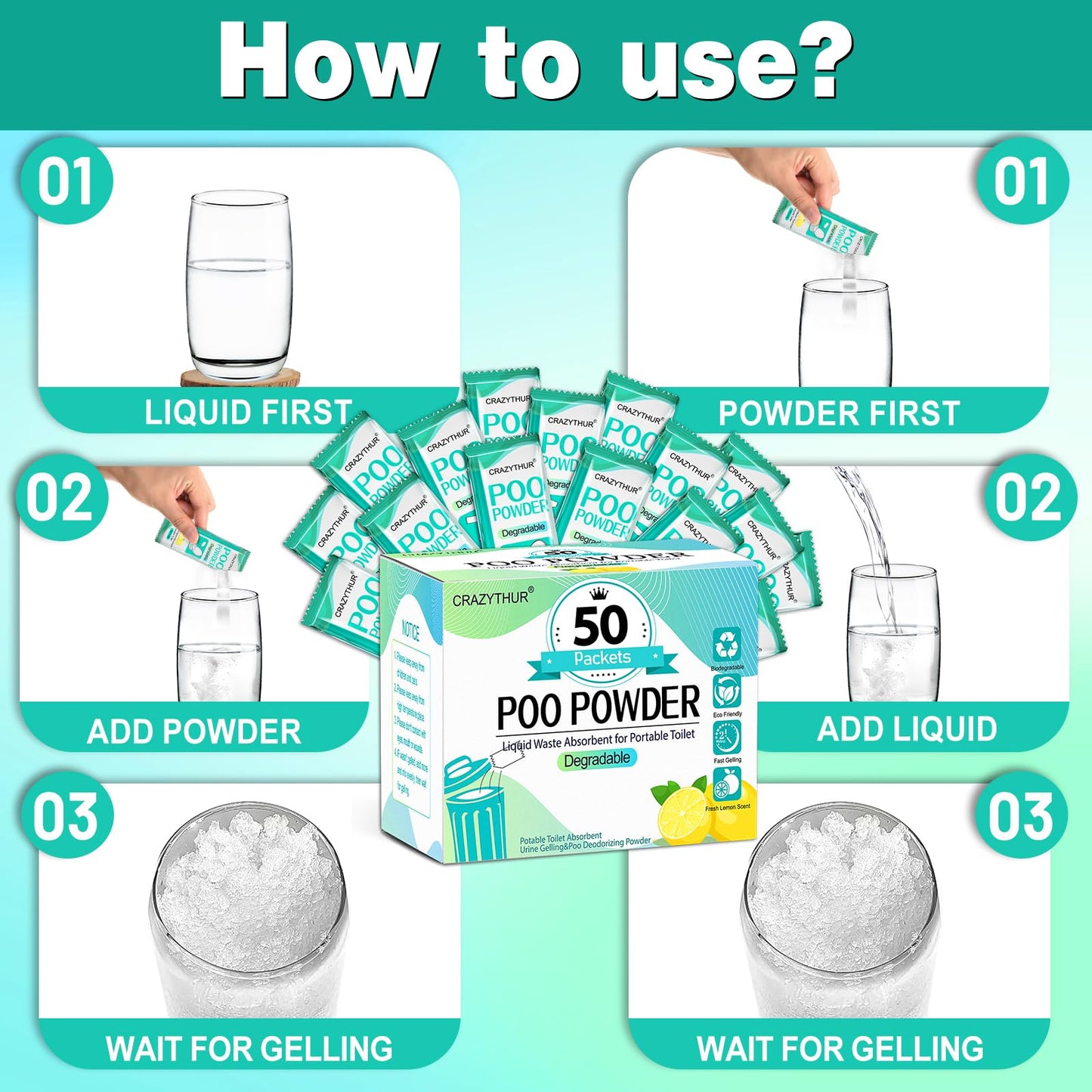 CRAZYTHUR Portable Toilet Gel, 50 Packets Camp Toilet Portable Gel, Poo Powder with Lemon Scent, Eco Gel for Portable Toilet Powder, Travel Toilet Gel for Outdoor Camping and Hiking