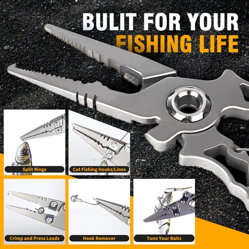 Hikolit Titanium Fishing Pliers Saltwater, Corrosion Resistant Fishing Pliers Hook Remover with Double Tungsten Cutters, Fishing Gear as Split Rings Pliers, Fishing Gifts for Men