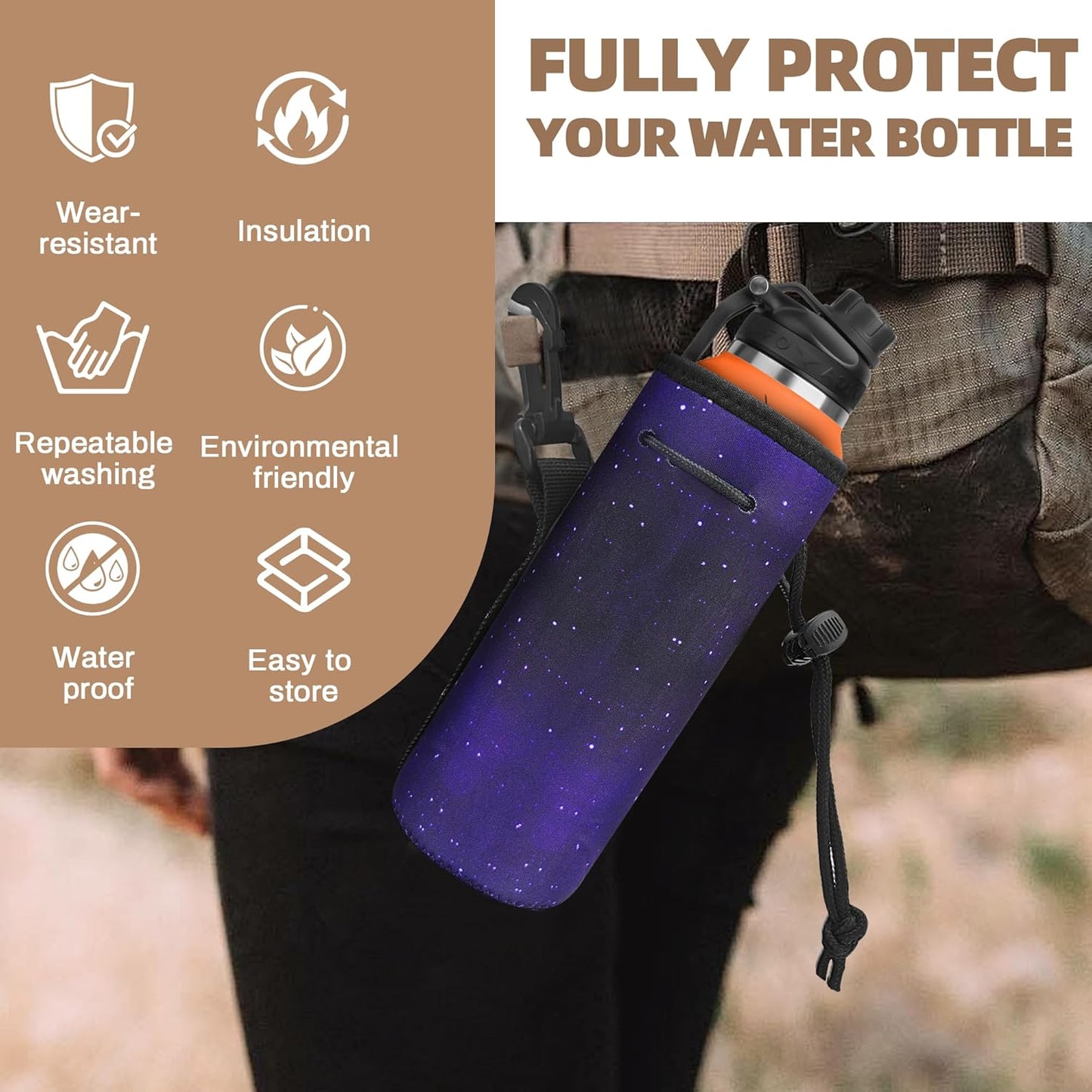 Water Bottle Carrier,Insulated Neoprene Water Gym Travel bottle Holder Bag Protector Sleeve Case Pouch Cover 0.6L or 0.75L, Great for Stainless Steel and Plastic Bottles (BLUE STAR)