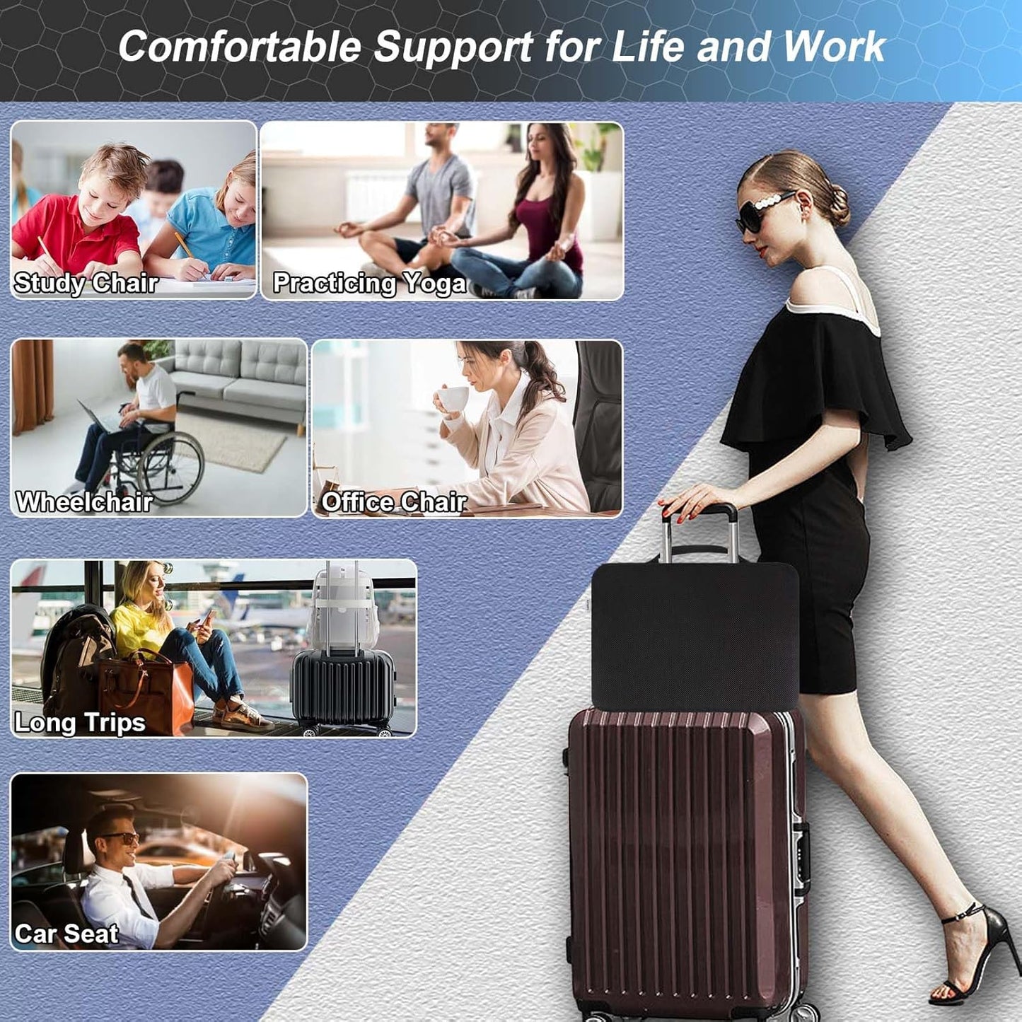 Thicken 19.7in Seat Cushion, Gel Seat Cushion for Long Sitting–Office Chair, Wheelchair, Car Pad, Large Cooling Support Pad for Back Pain, Sciatica, Tailbone Pain Relief