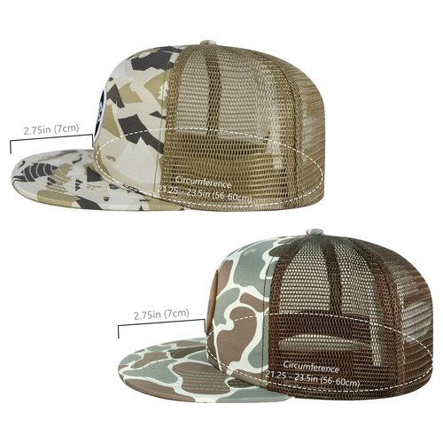 BASSDASH 2 Pack Flat Brim Trucker Cap Adjustable Snapback Hat Mesh Back for Men Women Fishing Hunting