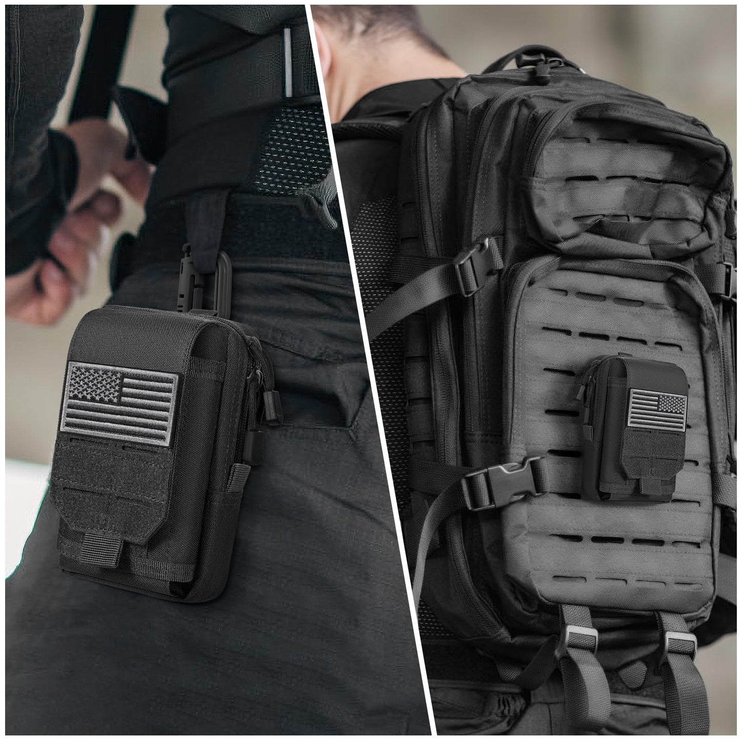 SOWHUP Tactical Molle Pouch Cell Phone Pouch Holster Small Utility EDC Pouch Gadget Organizer Bag with Tactical Key Ring Holder and U.S.A Flag Patch (Black1)