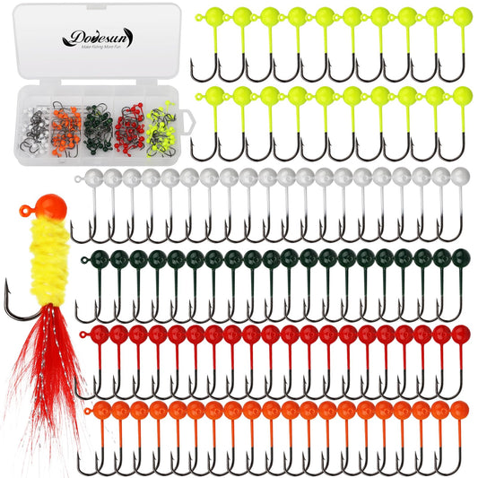 Dovesun 100pcs Fly Tying Jigs Kit, Jig Heads for Fly Fishing 1/64oz Jig Head Fly Fishing Hooks DIY Lure Making Kit Suit for Tying Flies Ice Fishing | Crappie Lures