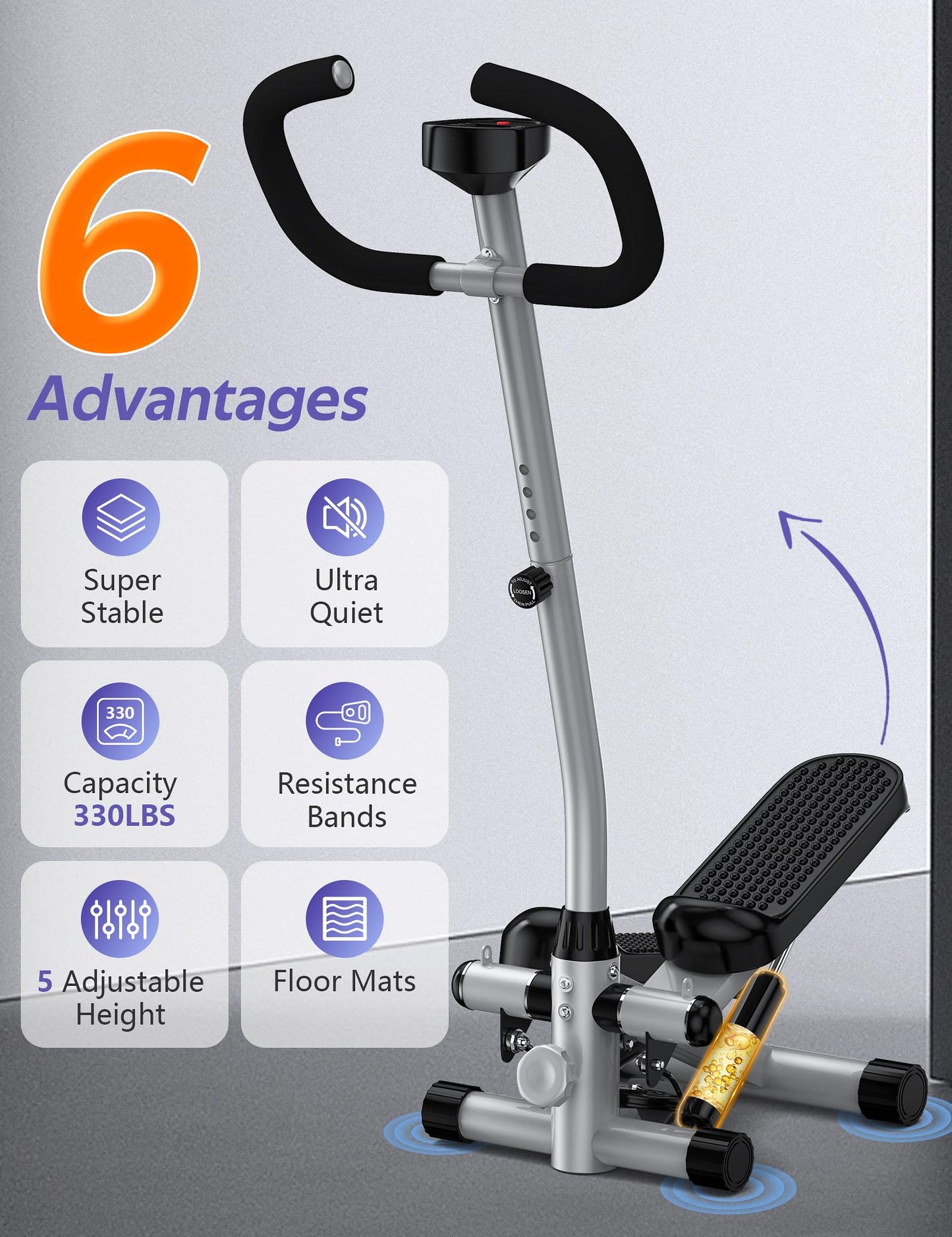 Amicus Mini Stepper with Handlebar for Exercise, Stair Stepper with Resistance Band, Hydraulic Fitness Stepper Machine for Home, 330lbs Weight Capacity, Gray