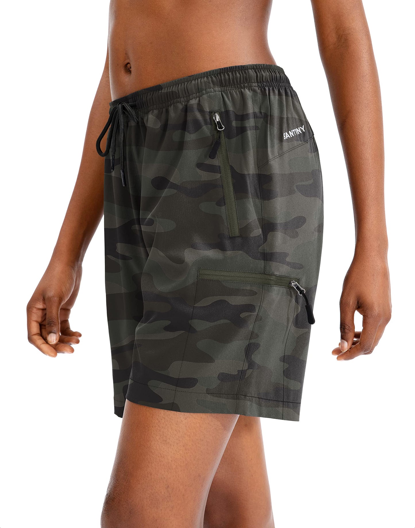 SANTINY Women's 5''/ 7''/9'' Hiking Cargo Shorts Quick Dry Lightweight Summer Shorts for Women Athletic Golf Zipper Pockets(Green Camo_XL)