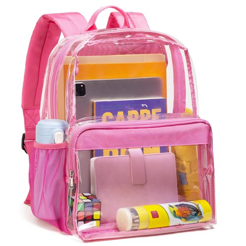 Vorspack Clear Heavy Duty Backpack - Transparent PVC See Through With Reinforced Bottom for College Workplace Security - Pink