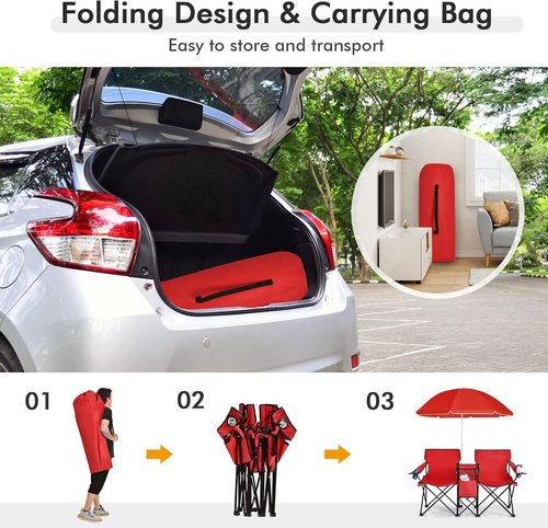 COSTWAY Double Portable Picnic Chairs, Folding Camping Chairs w/Detachable Umbrella, Cooler Bag, Cup Holders, Patio Beach Camping Chairs for Outdoors, Blue