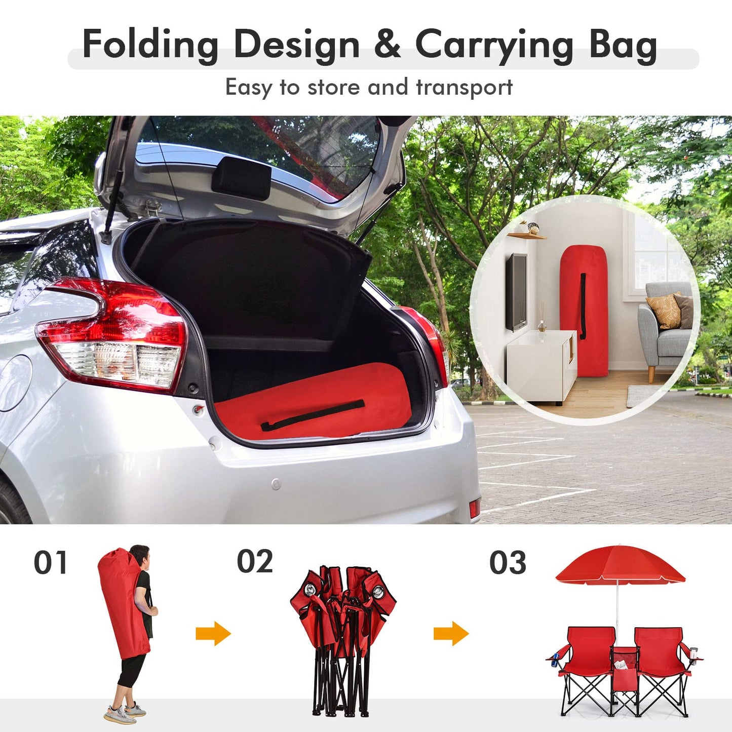 Julimoon Double Folding Camping Chairs w/Removable Umbrella, Portable Picnic Loveseat w/Mini Table, Cup Holder & Carrying Bag, 2-Person Picnic Chairs for Patio, Beach, Picnic, Outdoor (Red)