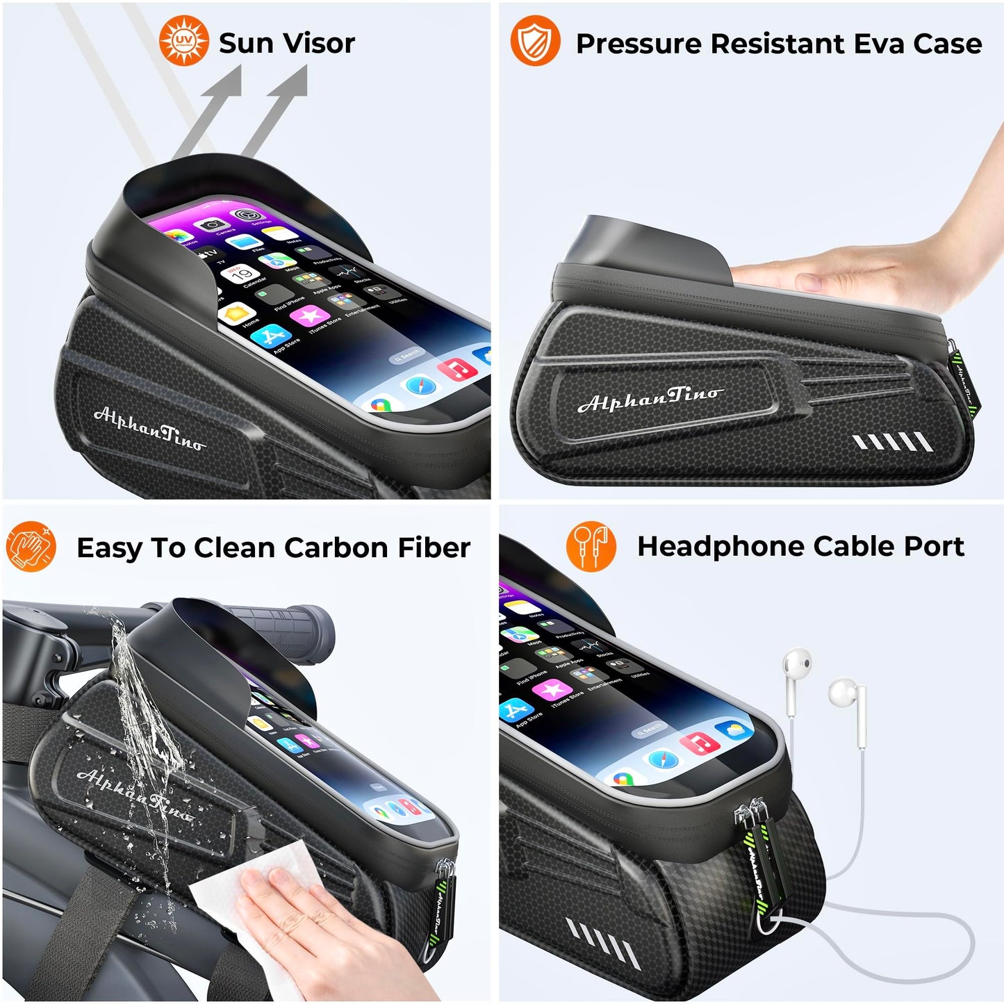 Alphantino Bike Phone Holder Bag - Waterproof Hard Case Large Capacity Top Tube Front Frame Bicycle Pouch Cycling Mount, Bike Accessories, TPU Touch-Screen & Sun-Visor (Green ZIpper)