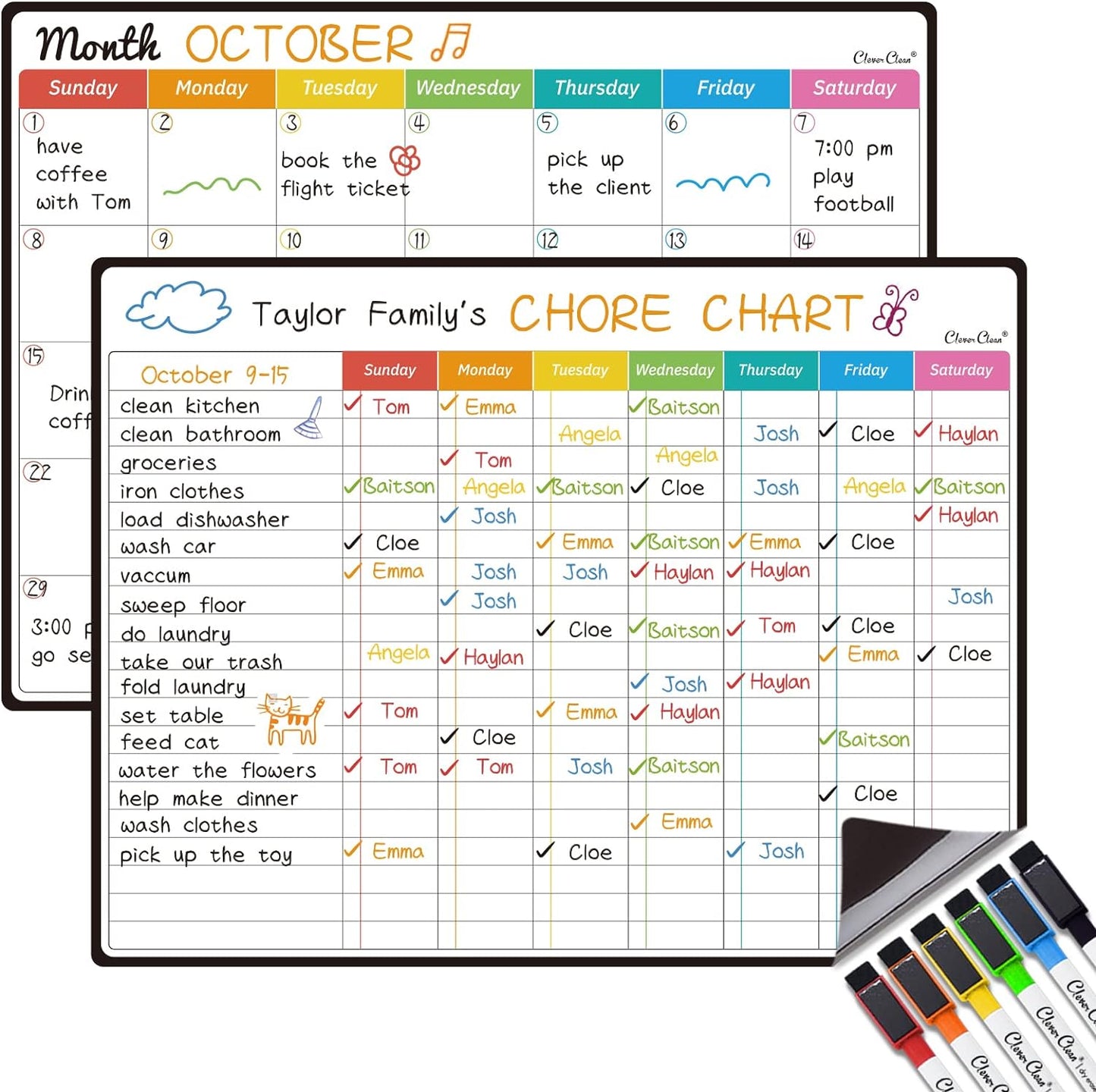 Magnetic Dry Erase Chore Chart - 14.5"x11" Chore Chart for Kids, Teens and Adults - 6.5"x8.5" List Board for Fridge - 6 Extra Fine Point Markers Included - Shipped Flat