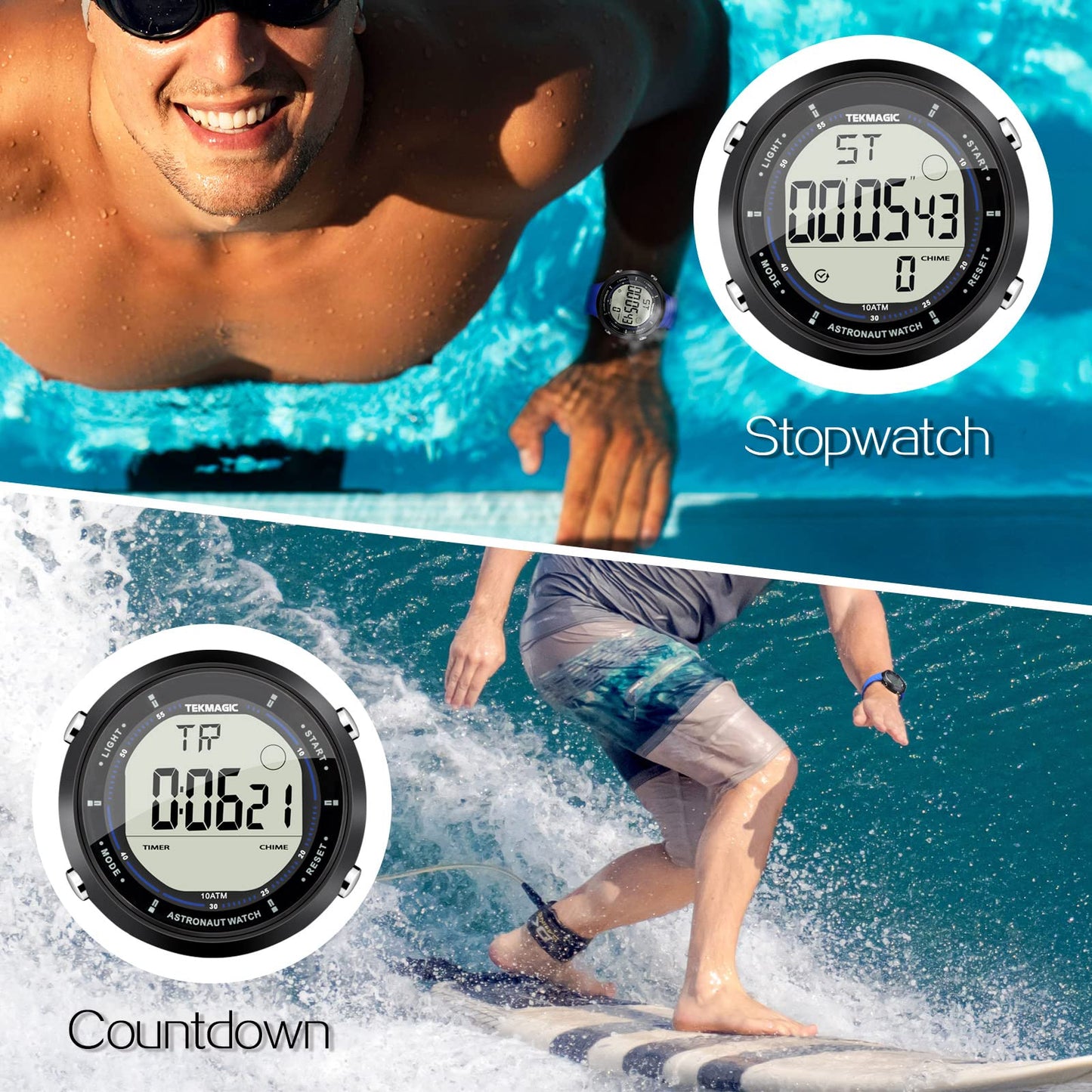 ILAME 10 ATM Water Resistant Sports Watch for Swimming and Diving, with Functions of Stopwatch, Countdown, Dual Time, Alarm Clock, 12 and 24 Hour Format Switchable