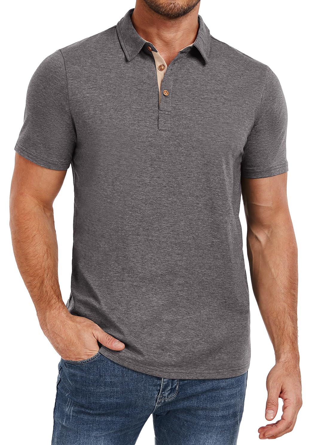 PEGENO Mens Polo Short Sleeve Shirt Designed Collared Polo Shirt Fashion Casual Shirts (Dark Gray-US Large)