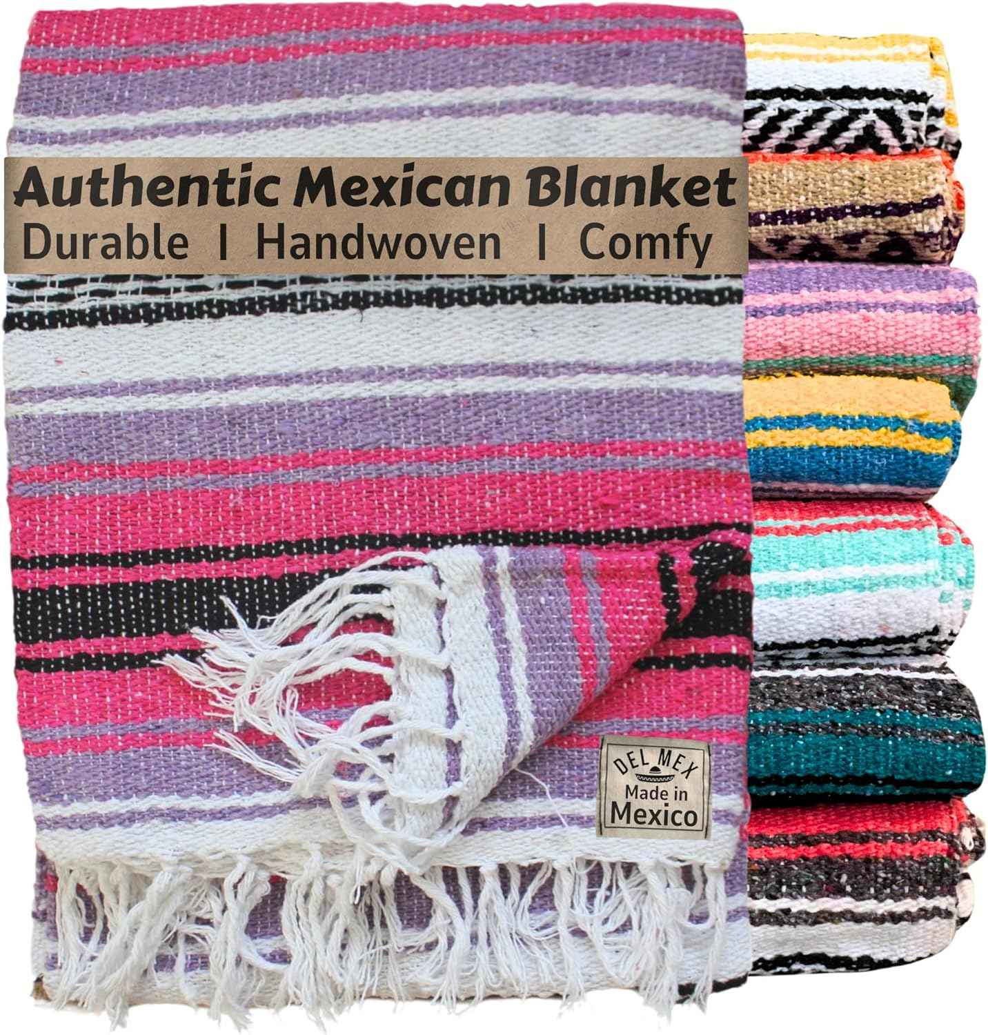 Authentic Del Mex Large Mexican Blanket - Woven Falsa Throw (70"x50") for Beach, Yoga & Outdoor Decor - Pink/Tan