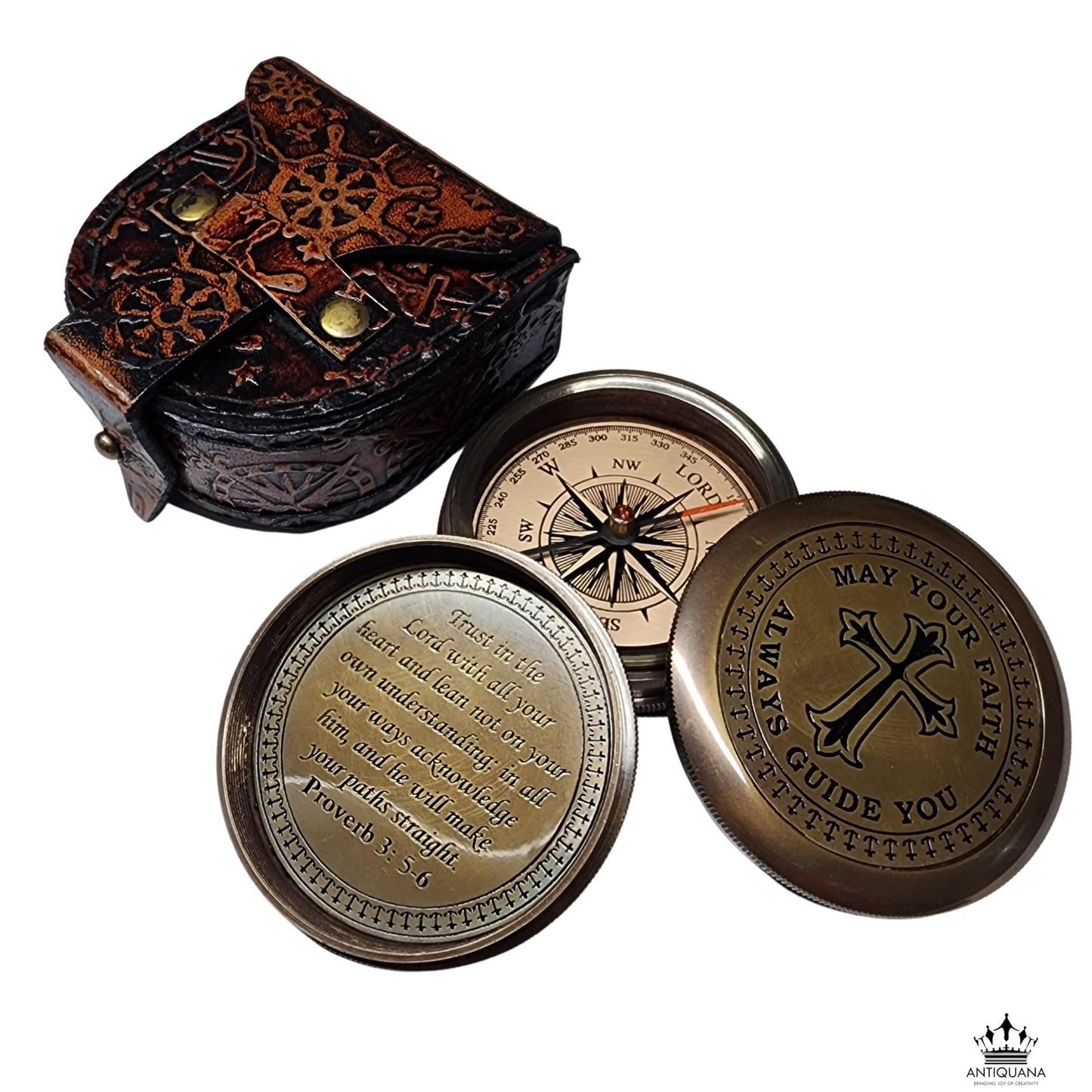 Trust in The Lord with All Your Heart - Proverbs 3:5-6 Quote Engraved Compass with Wooden Box or Leather case, Greeting Card, Gift Compass, Graduation Day Gifts 2025 for Women Men Boys Girls